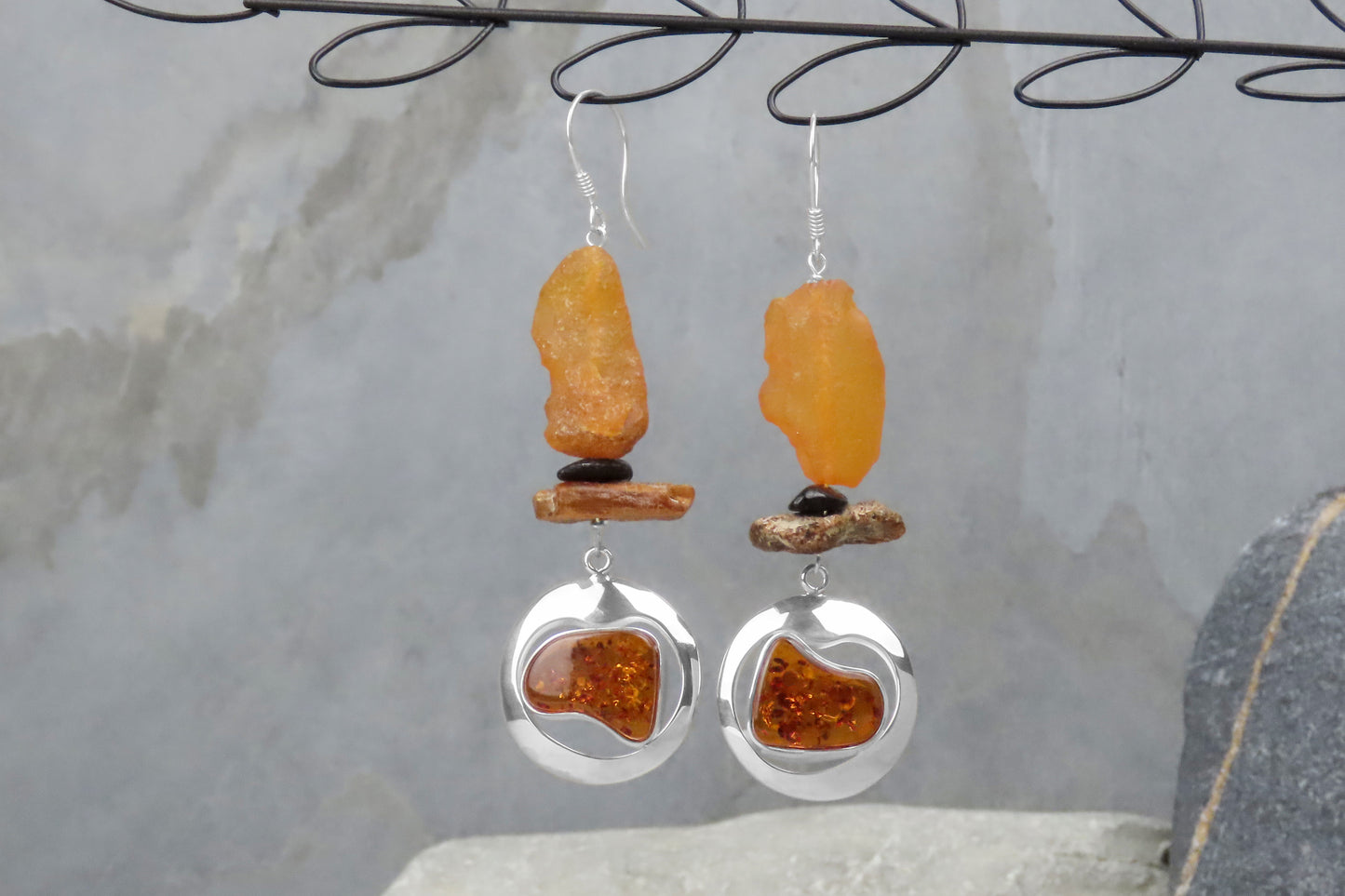 Statement earrings amber 925 silver striking eye-catcher in a natural look 