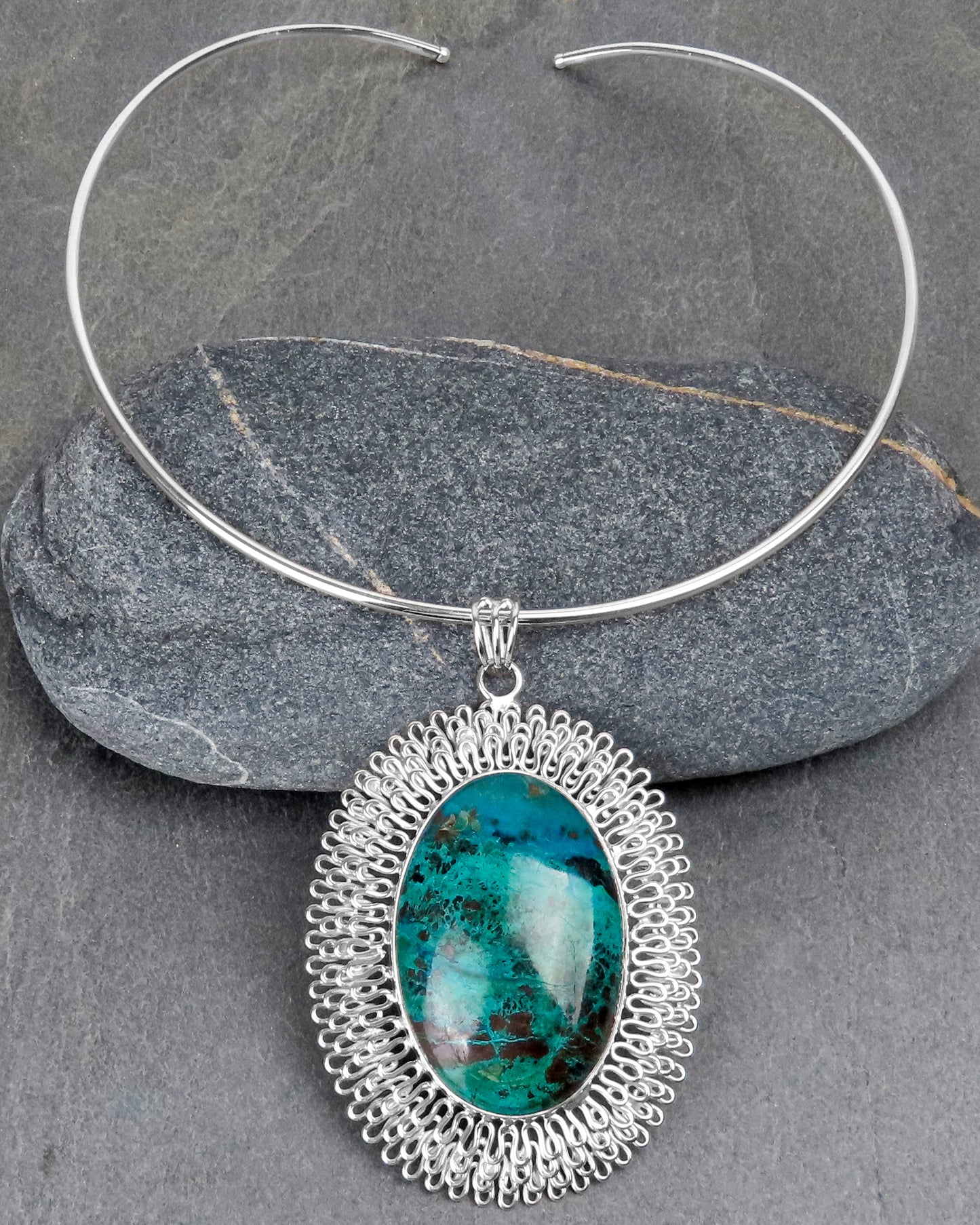 Statement gemstone pendant chrysocolla 925 silver individual expressive design for special occasions