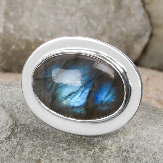 Grande bague en pierre précieuse labradorite ovale en argent 925