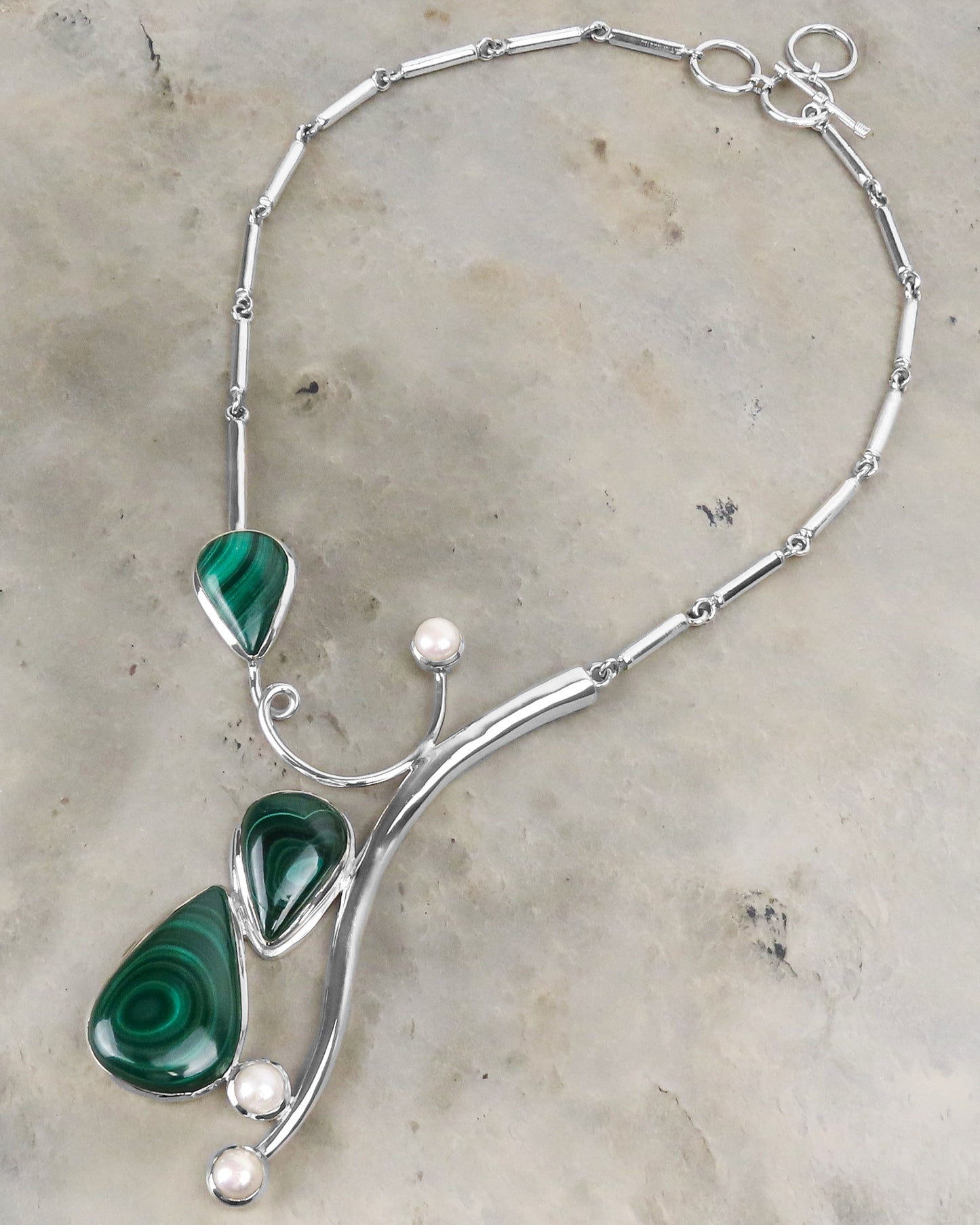 Malachite necklace freshwater pearl 925 silver noble eye-catcher in harmonious design for special occasions