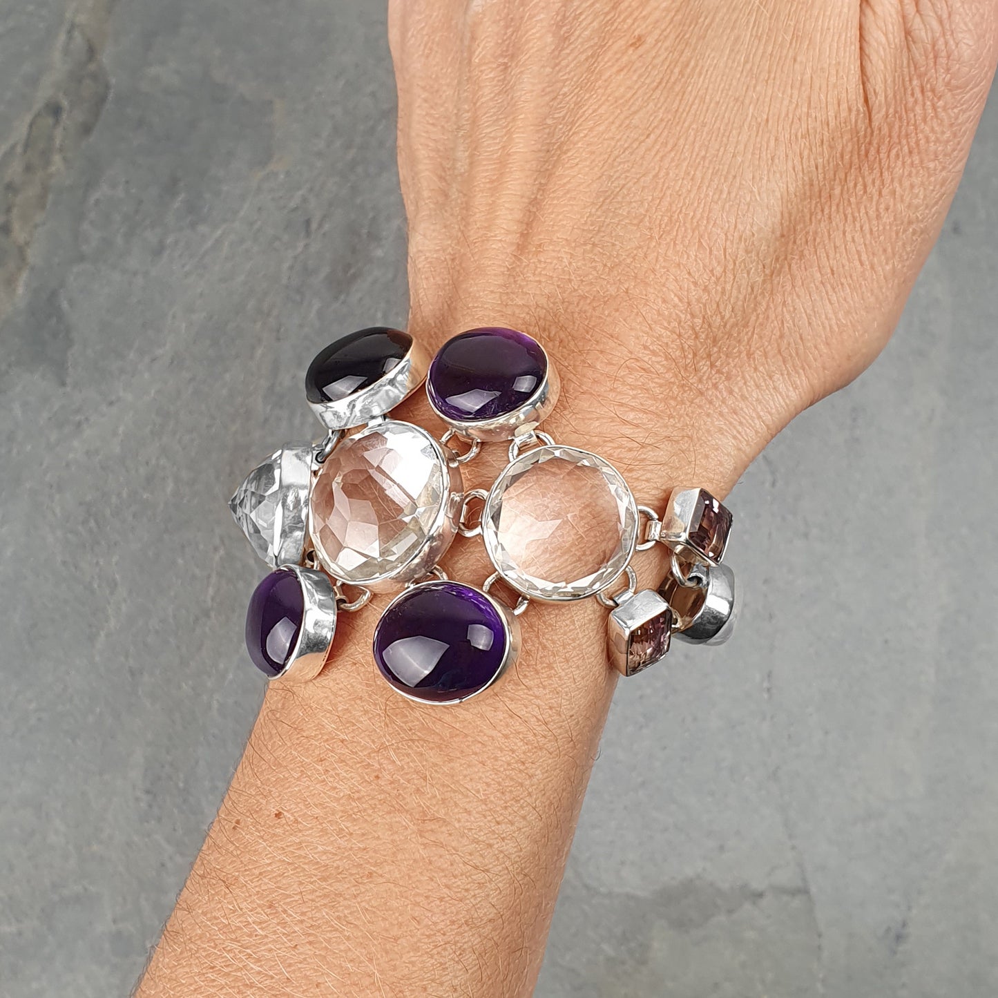 Statement gemstone bracelet amethyst rock crystal ametrine freshwater pearl unusual noble eye-catcher for special occasions