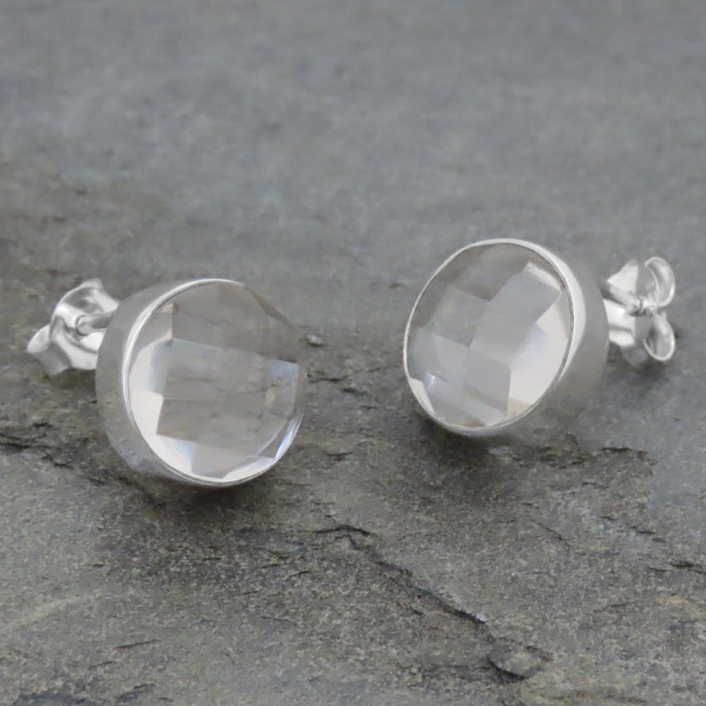 Rock crystal stud earrings round faceted 925 silver