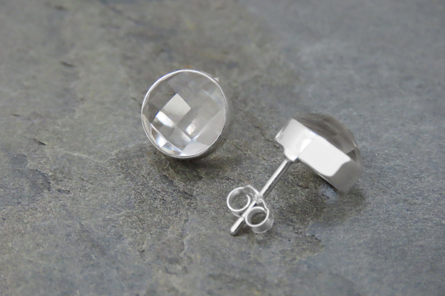 Rock crystal stud earrings round faceted 925 silver