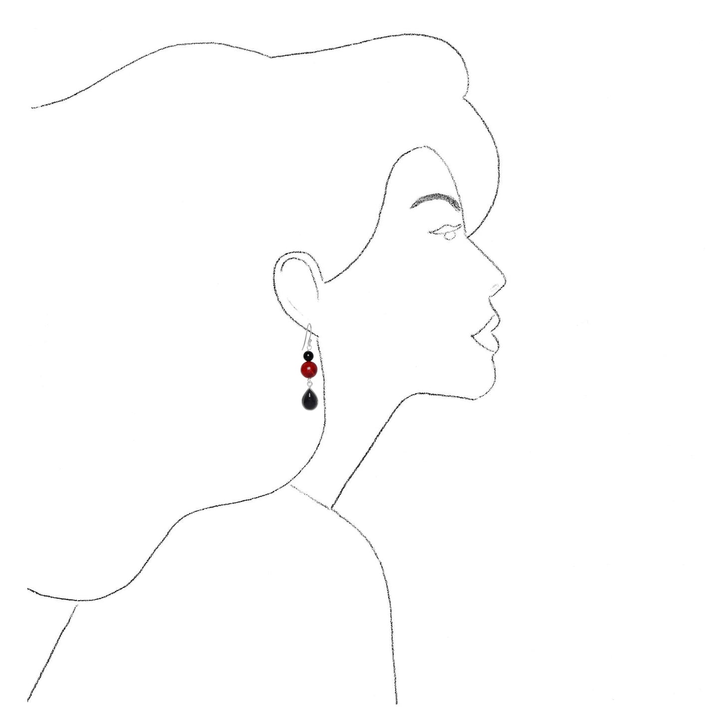 Boucles d'oreilles onyx mousse corail argent 925 noir rouge design moderne classique bijoux basiques pour tous les jours